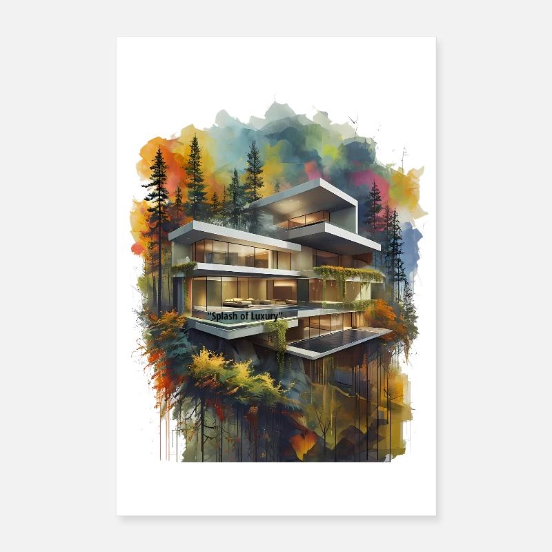 Villa de luxe aquarelle dans la forêt Poster 40 x 60 cm