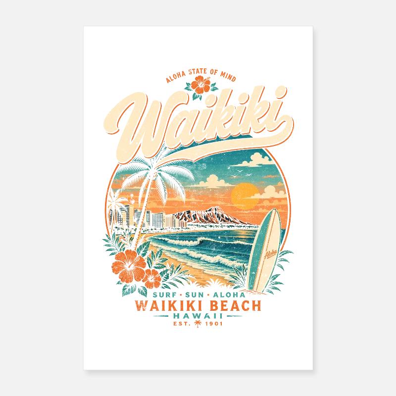 Waikiki Beach Sunset Surf Tee Poster 40x60 cm
