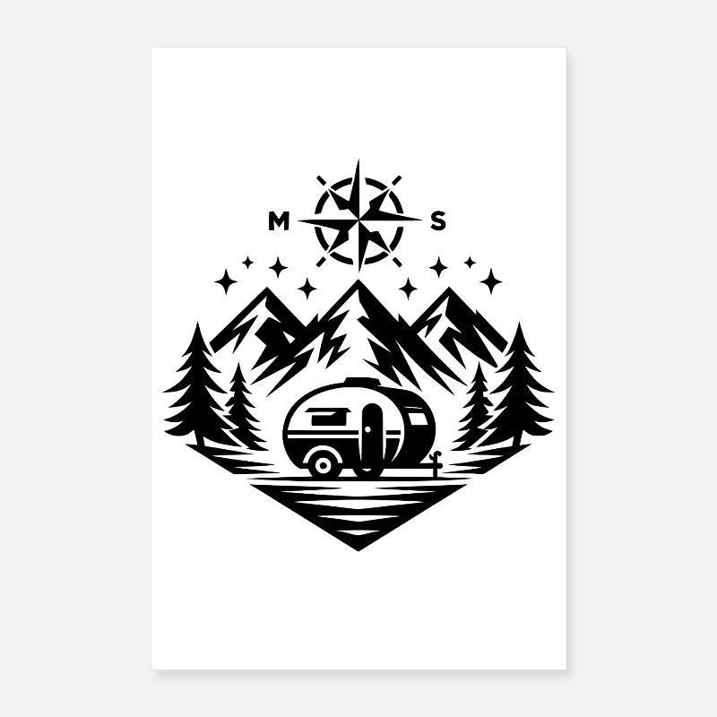 Camping Compass Mountains Poster 40 x 60 cm