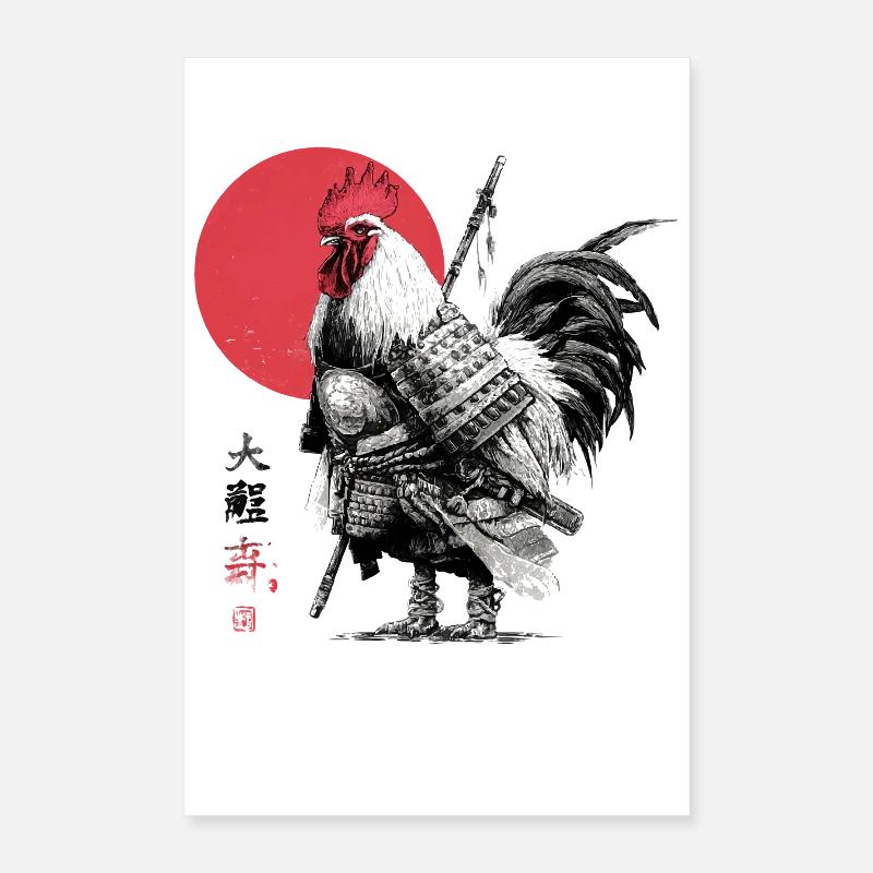 Samurai Rooster in Armor Under Red Sun Poster 16" x 24" (40x60 cm)