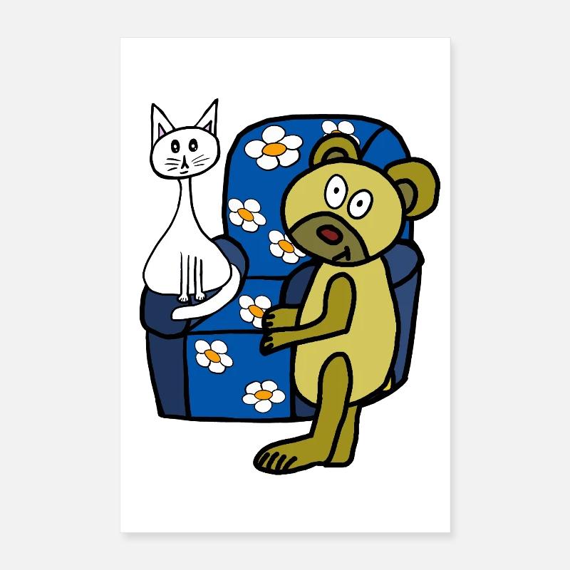 Teddy Teddybär Katze Katzen Kinder Kind - Poster 40x60 cm - Weiß