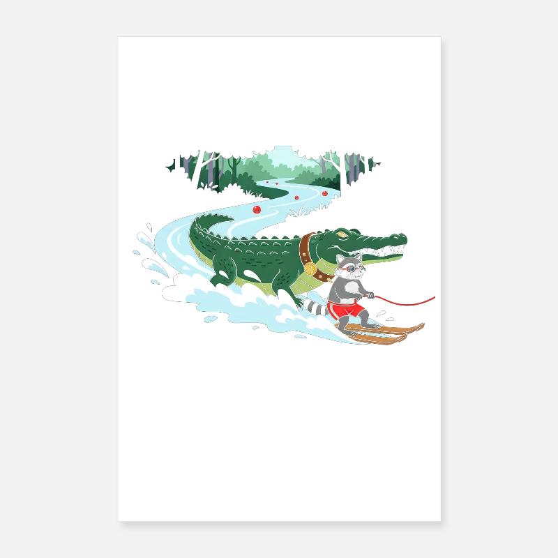 Crocodile Surfeur et Compagnon Chat Poster 40 x 60 cm