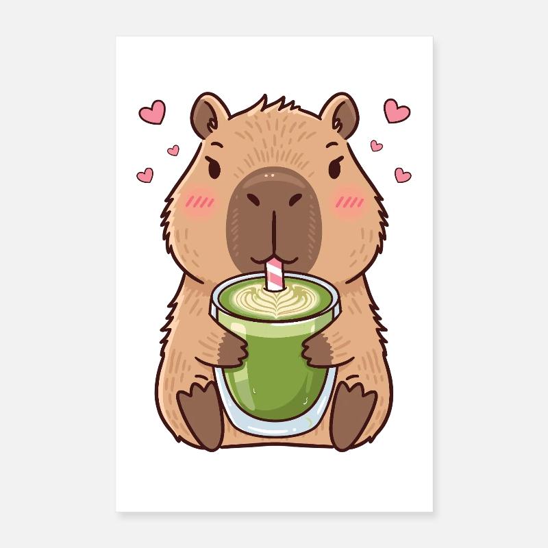 Cute Kawaii Capybara Drinking Matcha Tea Latte Poster 16" x 24" (40x60 cm)