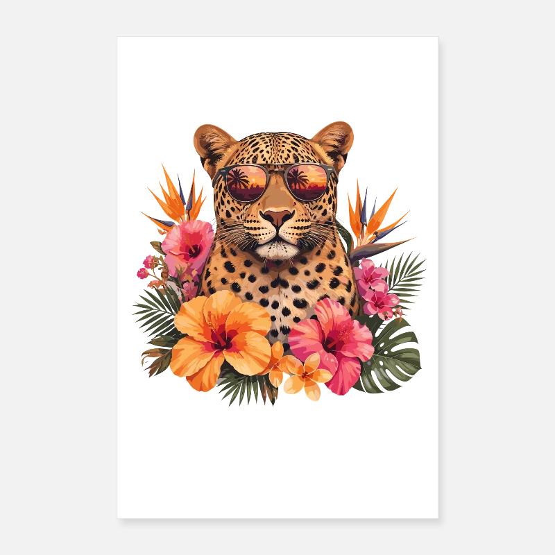 Lunettes de soleil léopard avec des fleurs Poster 40 x 60 cm