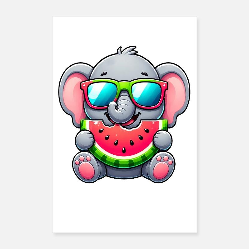 Dessin animé Éléphant mignon avec pastèque Poster 40 x 60 cm