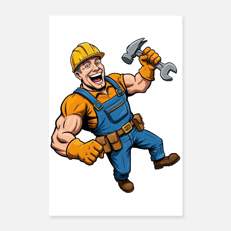 Fröhlicher Comic-Bauarbeiter mit Werkzeug Poster 40x60 cm