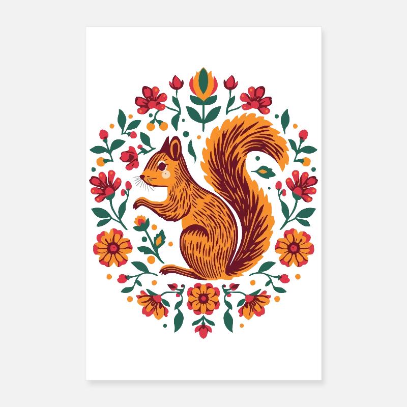 Écureuil dans une couronne de fleurs Poster 40 x 60 cm