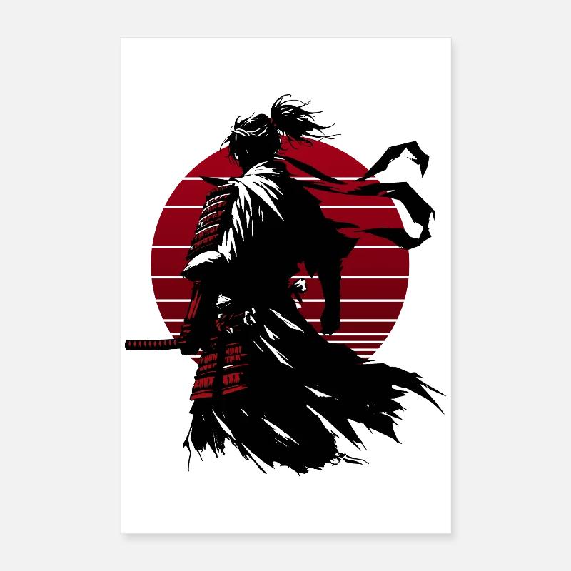 Samurai-Silhouette mit rotem Kreis Poster 40x60 cm