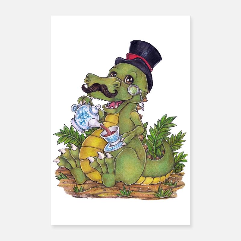 Drôle de jeu de mots Tea Rex Dino dessiné à la main Poster 40 x 60 cm