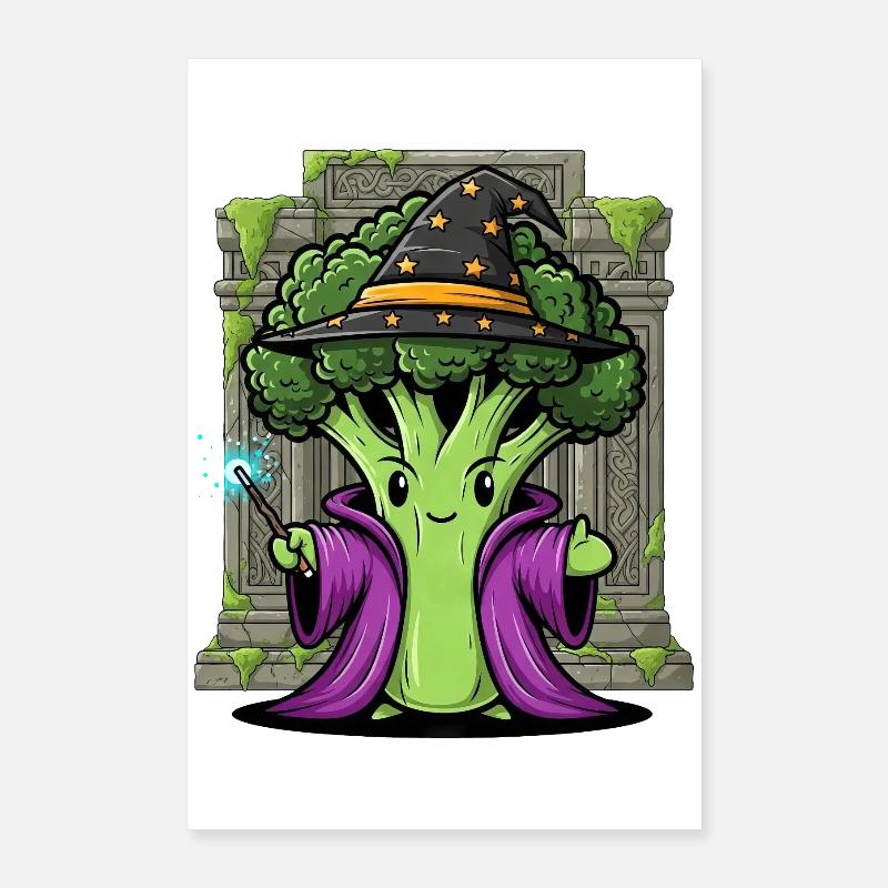 Cute Halloween Broccoli Wizard Witch Cartoon Poster 16" x 24" (40x60 cm)