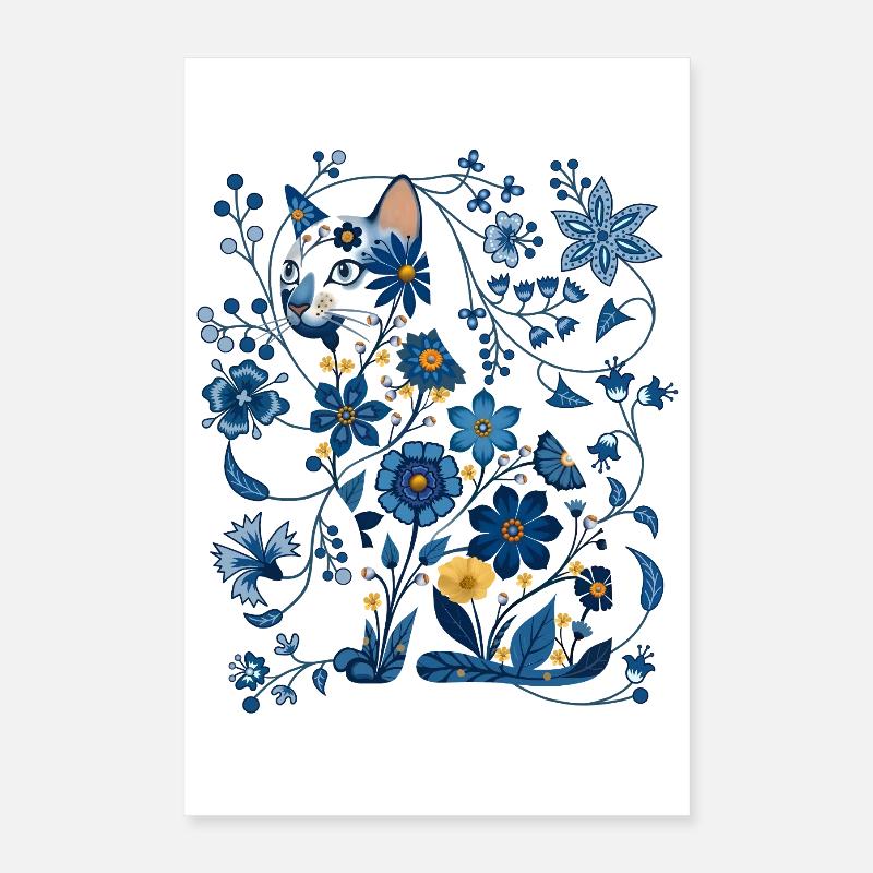 Azure Floral Cat Silhouette Poster 16" x 24" (40x60 cm)