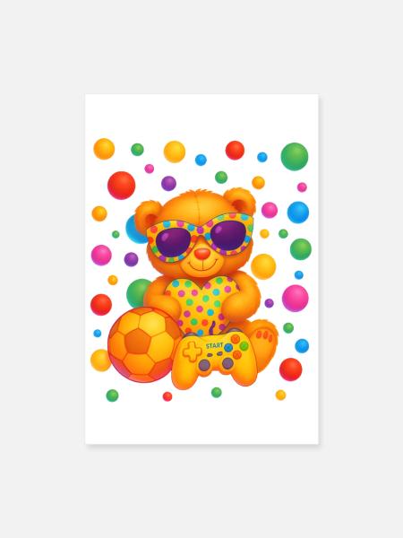 Lebendige Teddy-Gamer-Party-Kunst - Poster 40x60 cm - Weiß - Vorne