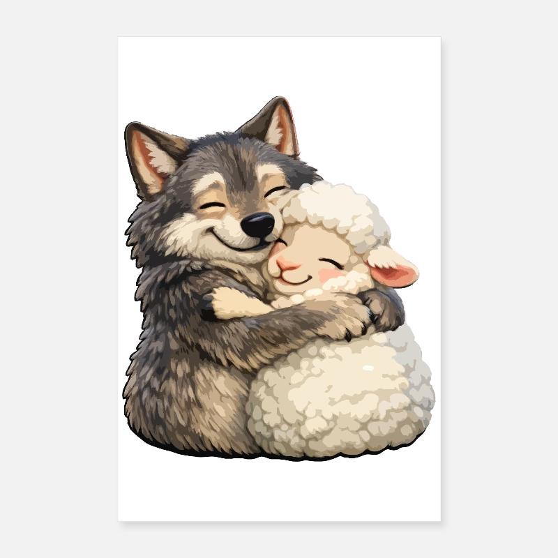 Knuffende Wolf und Lamm Poster 40x60 cm