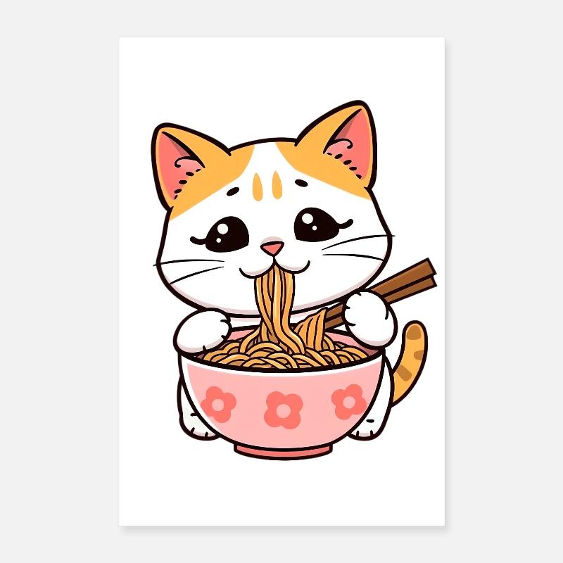Le chat mange des nouilles ramen Poster 40 x 60 cm