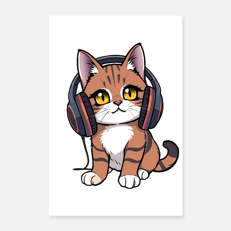 Chat avec des écouteurs Poster 40 x 60 cm