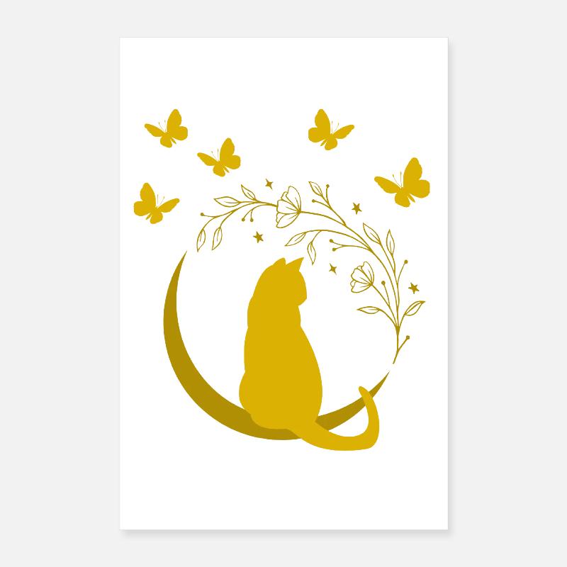 Goldene Mondkatze mit Blütenranke Poster 40x60 cm