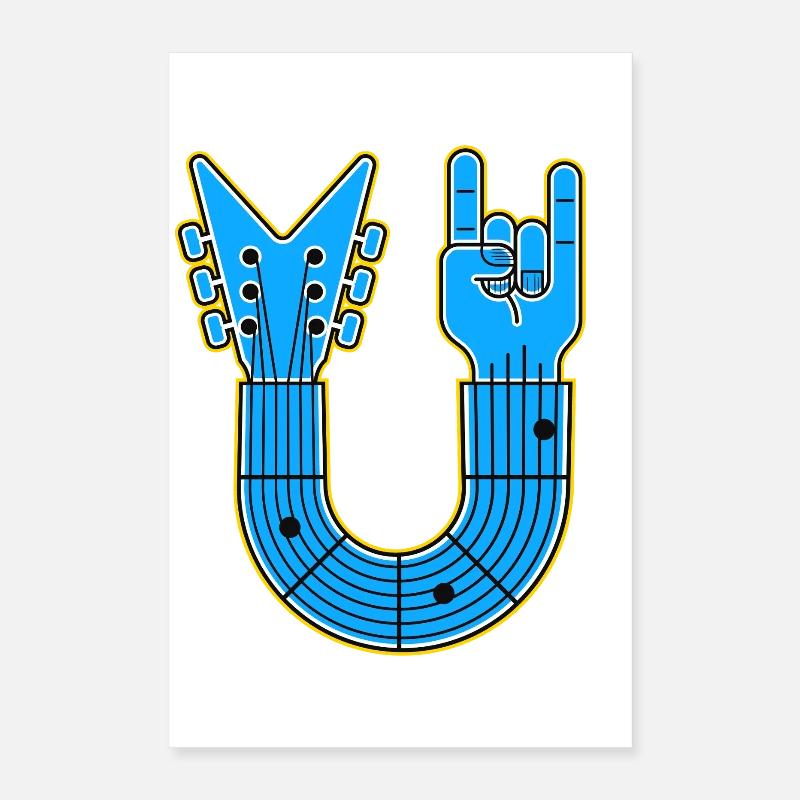 Blue U-Shape Guitar with Rock Hand Poster 16" x 24" (40x60 cm)
