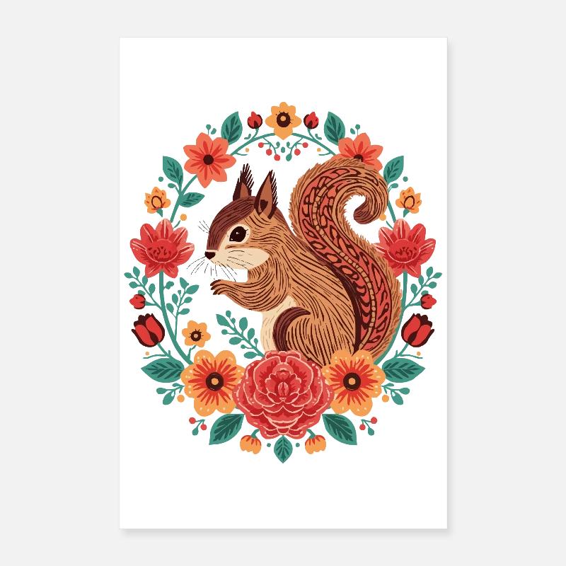 Écureuil dans le cercle de fleurs Poster 40 x 60 cm
