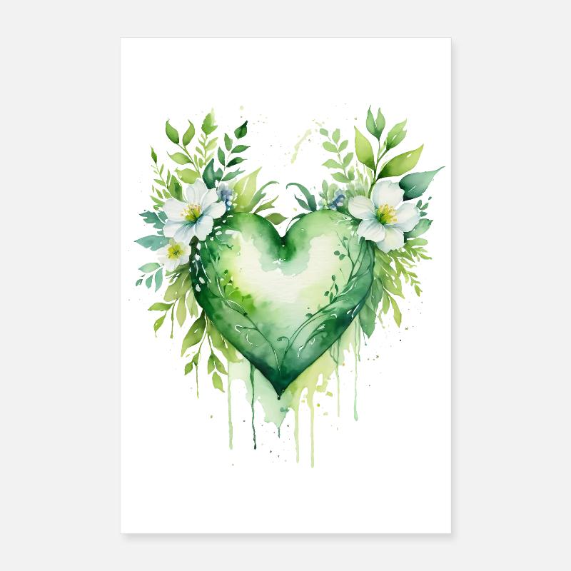 Grünes Aquarell Herz Flora Poster 40x60 cm
