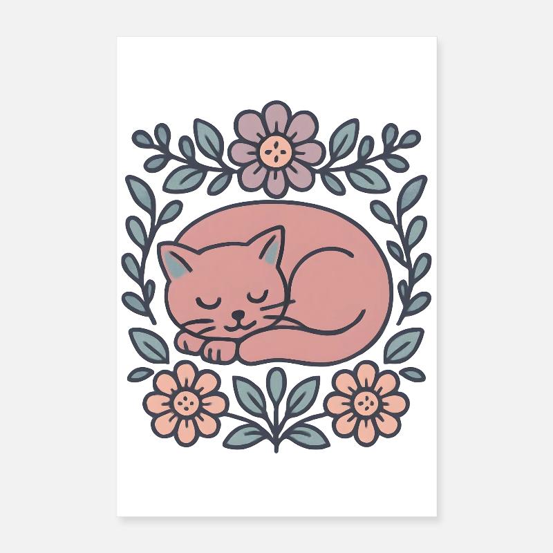 Un chat repose dans une couronne de fleurs Poster 40 x 60 cm