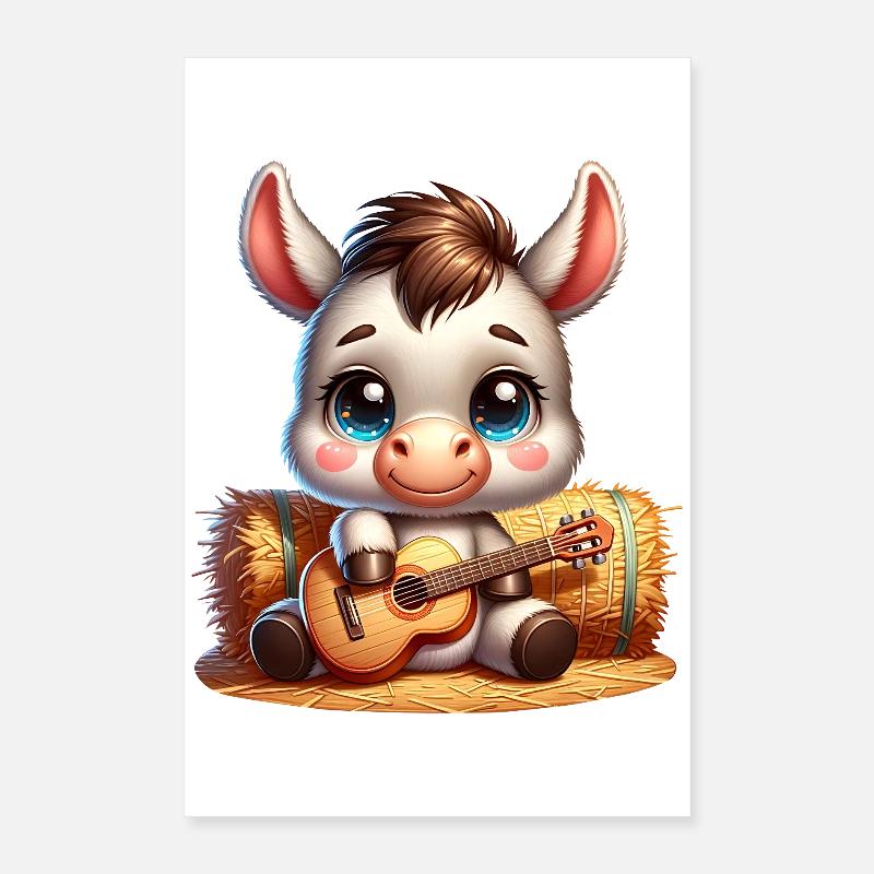 Âne mignon avec guitare sur une botte de paille Poster 40 x 60 cm