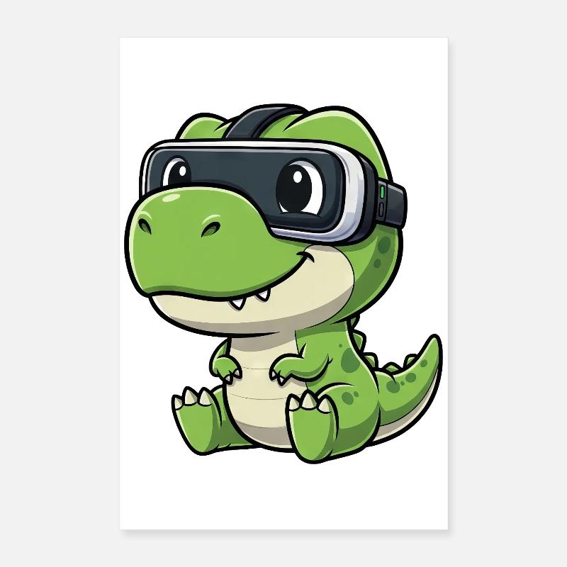 Cute Dino T-Rex Gamer Cartoon Virtual Reality Poster 16" x 24" (40x60 cm)