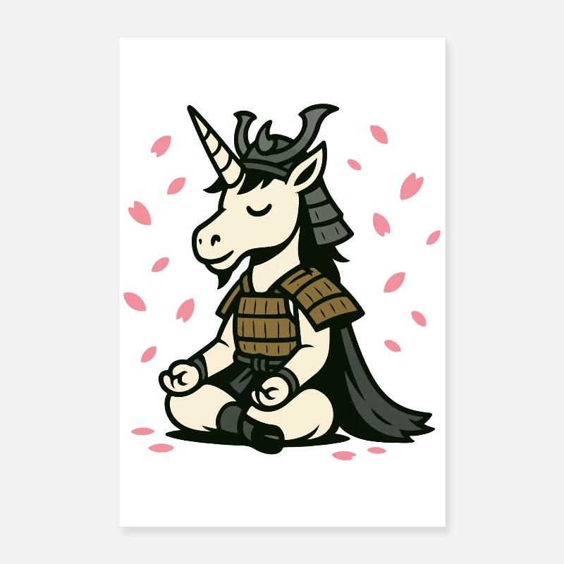 Meditierendes Samurai-Einhorn mit Kirschblüten Poster 40x60 cm