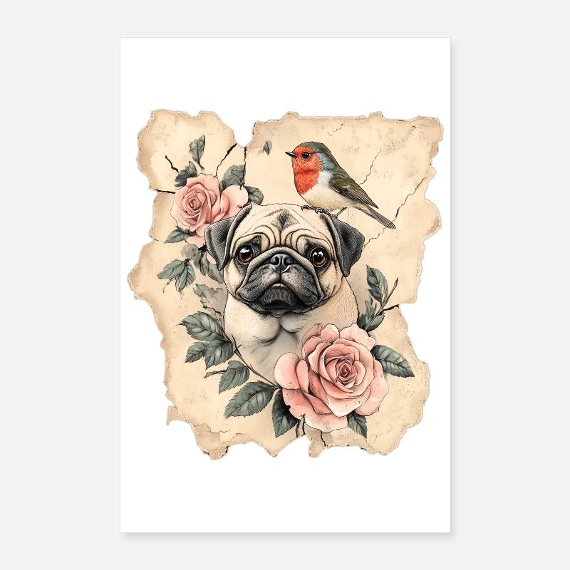 Pug and bird Poster 16" x 24" (40x60 cm)