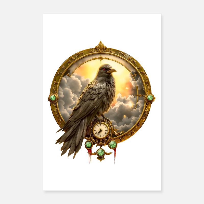 Corbeau dans un cadre d’horloge dorée Poster 40 x 60 cm