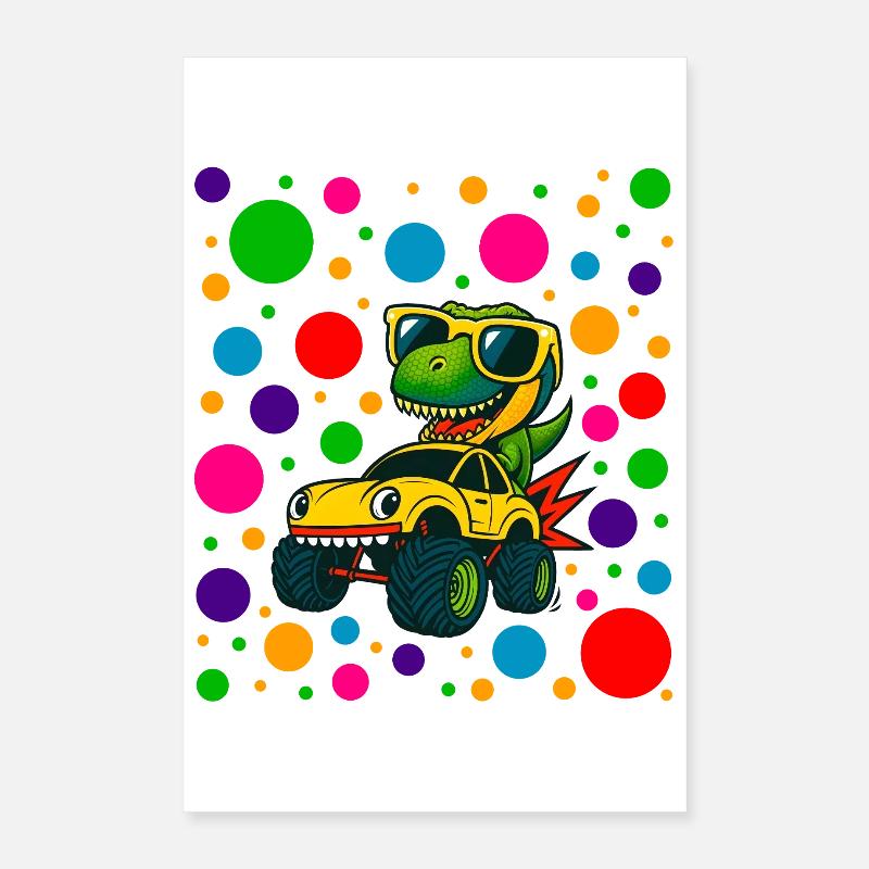 Dino Driver in Neon Dots Poster 16" x 24" (40x60 cm)