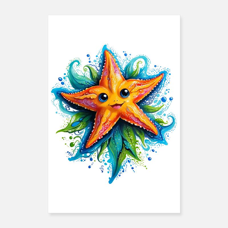 Étoile de mer jaune joyeuse dans le vortex bleu Poster 40 x 60 cm