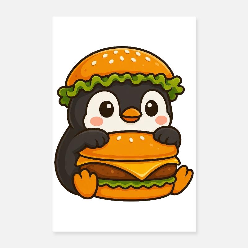 Pingouin mignon avec hamburger au cheeseburger rapide Poster 40 x 60 cm