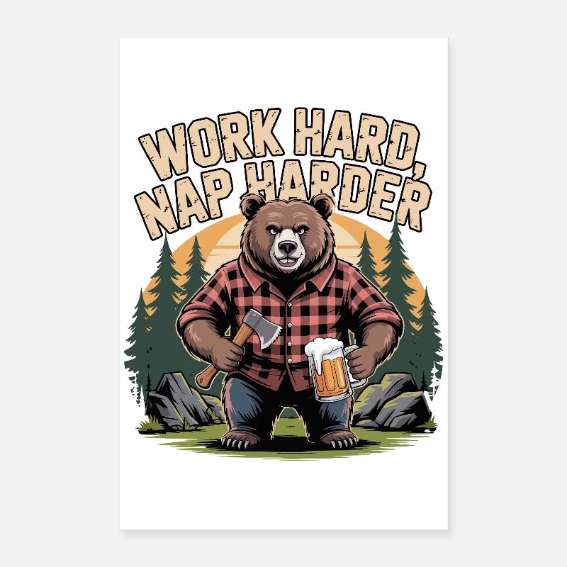Hart arbeiten, Schlaf härter, Bär Poster 40x60 cm