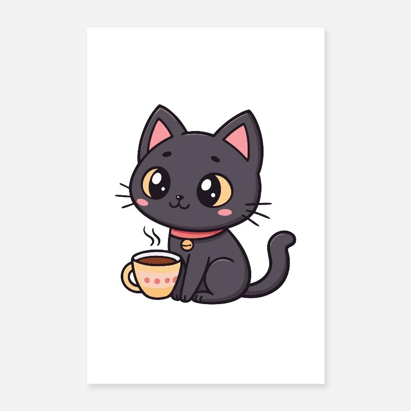 Chat noir chaleureux avec thé Poster 40 x 60 cm