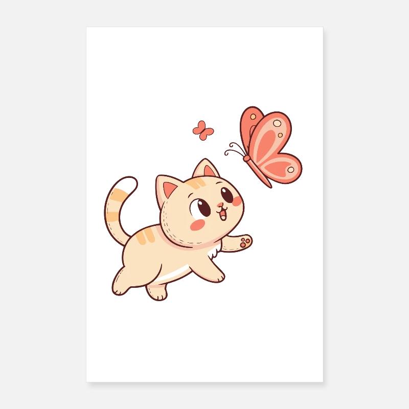 Chat Curieux et Papillon Rosé Poster 40 x 60 cm