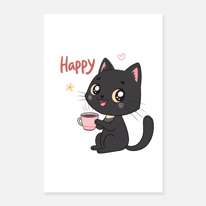 Schwarze Katze lächelt süßer Kaffee Poster 40x60 cm
