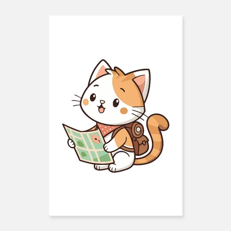 Chat explorateur kawaii lisant carte Poster 40 x 60 cm