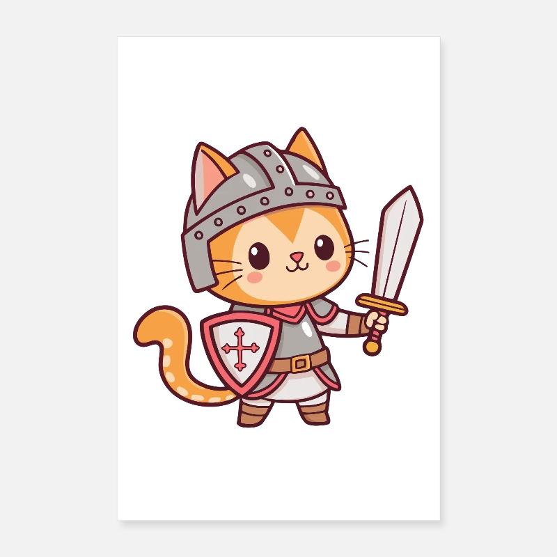 Chat chevalier kawaii avec épée Poster 40 x 60 cm