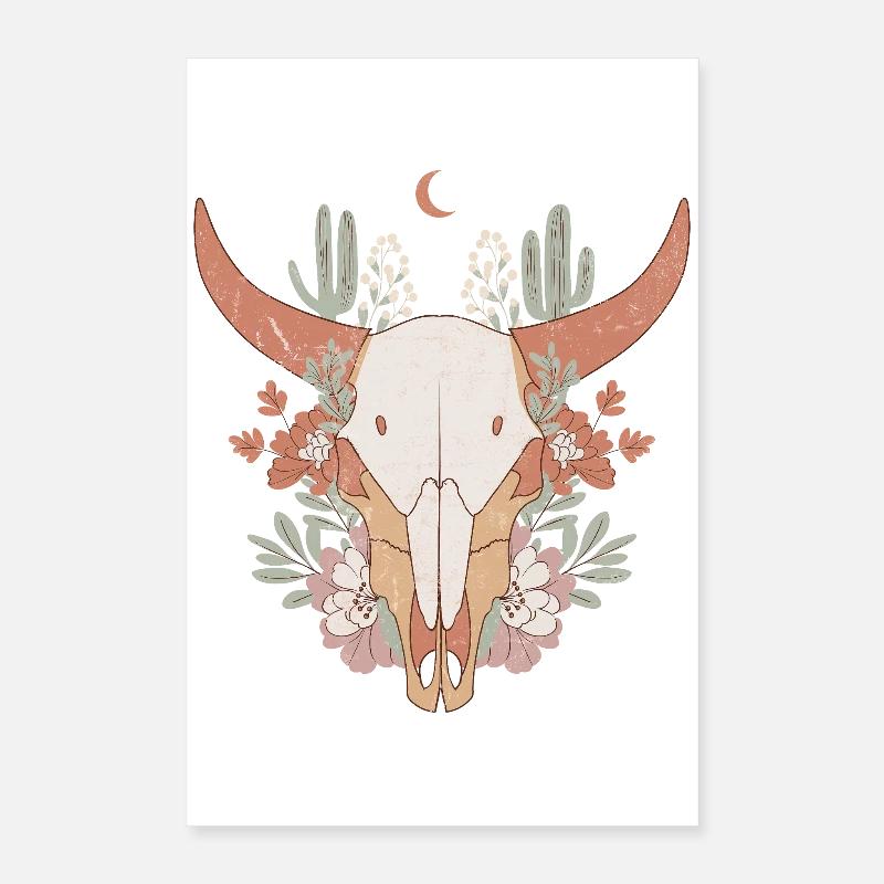 Kuh Schädel mit Blumen Western Boho Print Poster 40x60 cm