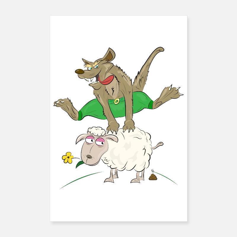 Wolf springt über das Schaf - Wolf mit Schaf Poster 40x60 cm