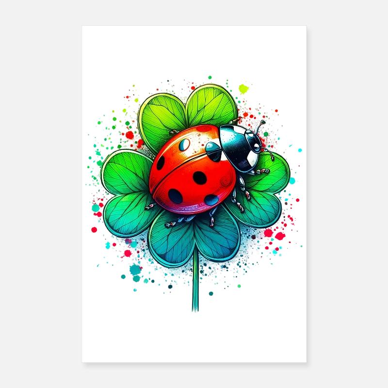 Marienkäfer auf einem vierblättrigen Kleeblatt Poster 40x60 cm
