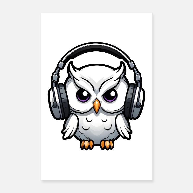 weiße Eule mit Kopfhörern Poster 40x60 cm