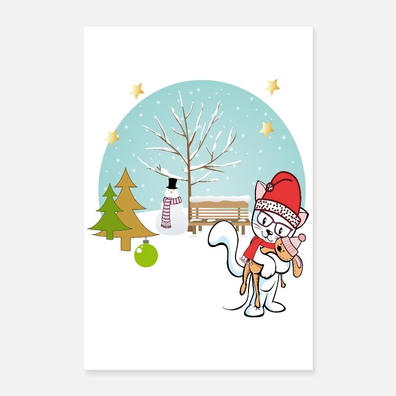  Katze mit Teddy im Winter Poster 40x60 cm
