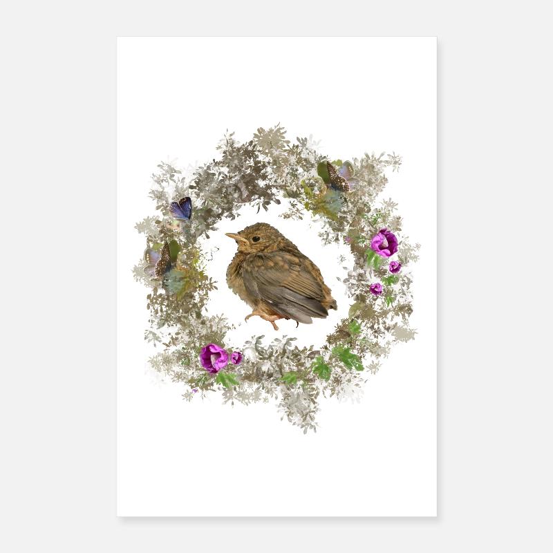 Rotkehlchen mit zarten Blüten und Bläulingen Poster 40x60 cm