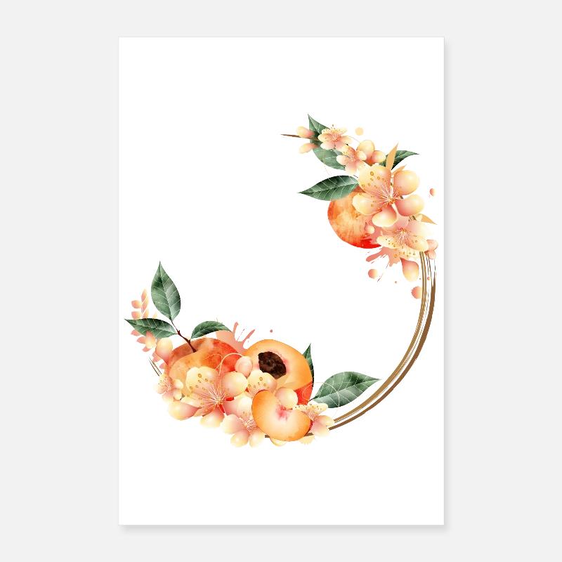 Moitié de pêche, pêches, fleurs de pêcher en couronne Poster 40 x 60 cm