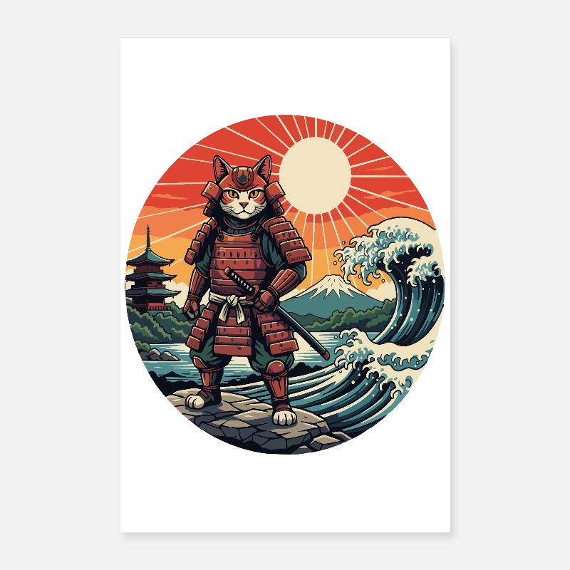Katzen-Samurai bei Sunset Waves Poster 40x60 cm