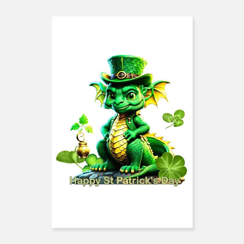 Süßer St. Patrick's Day Drache mit Klee. Poster 40x60 cm