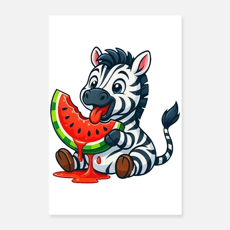 Zèbre mignon avec pastèque dessin animé d’été Poster 40 x 60 cm