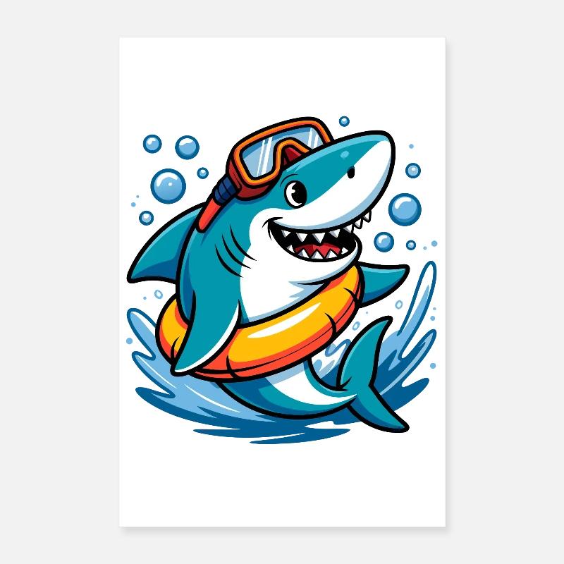 Dessin animé de requin avec des lunettes de plongée Poster 40 x 60 cm