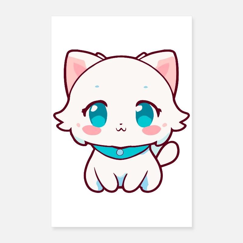 Kawaii White Chibi Cat - Mignonne chatte d’anime Poster 40 x 60 cm
